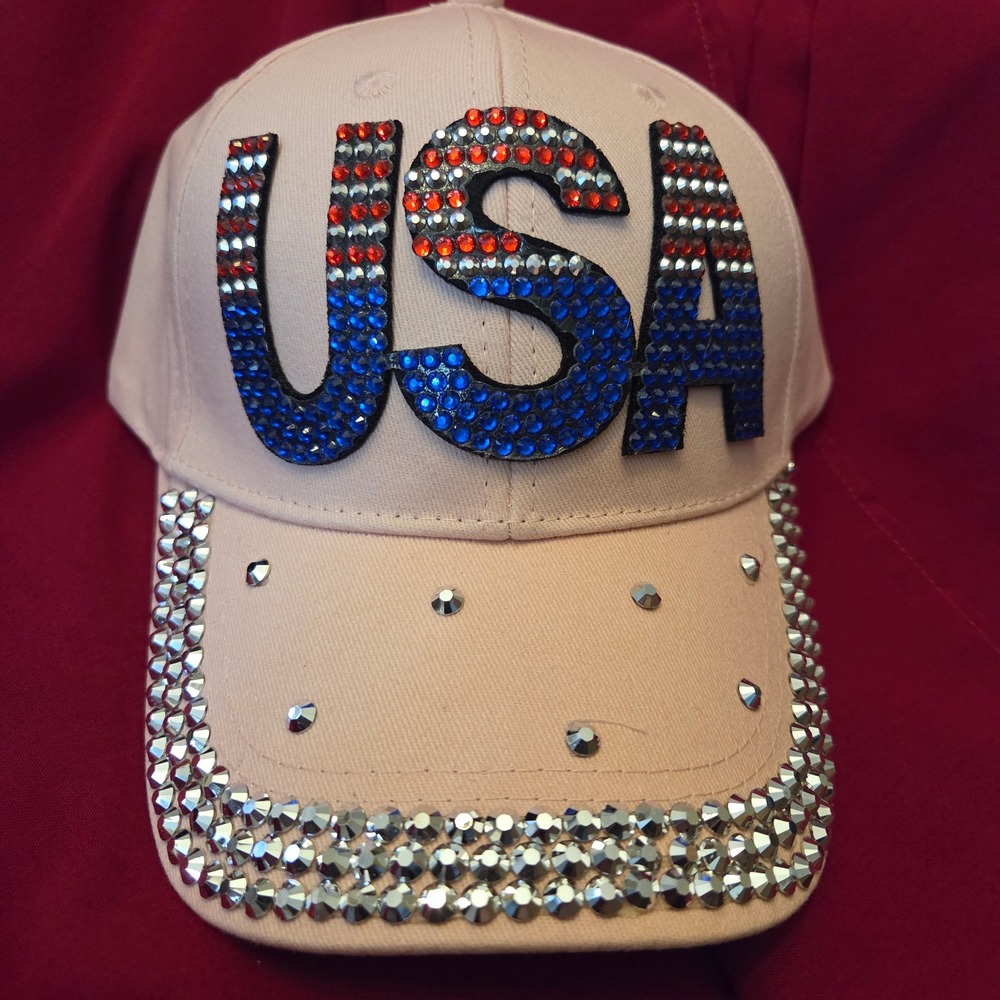 USA Rhinestone Pink Baseball Cap Patriotic Bling Studded Adjustable Hat Womens